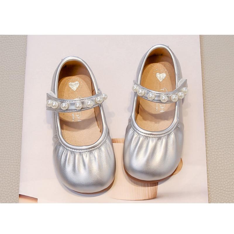 Kids Girls Solid Color Round Toe Pearl Velcro Mary Jane Princess Leather Flats