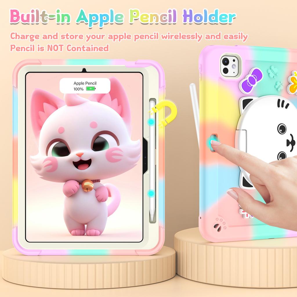 For iPad Pro 11 (2025)/11 (2024) Case with Cat Kickstand PC + Silicone Colorful Tablet Cover