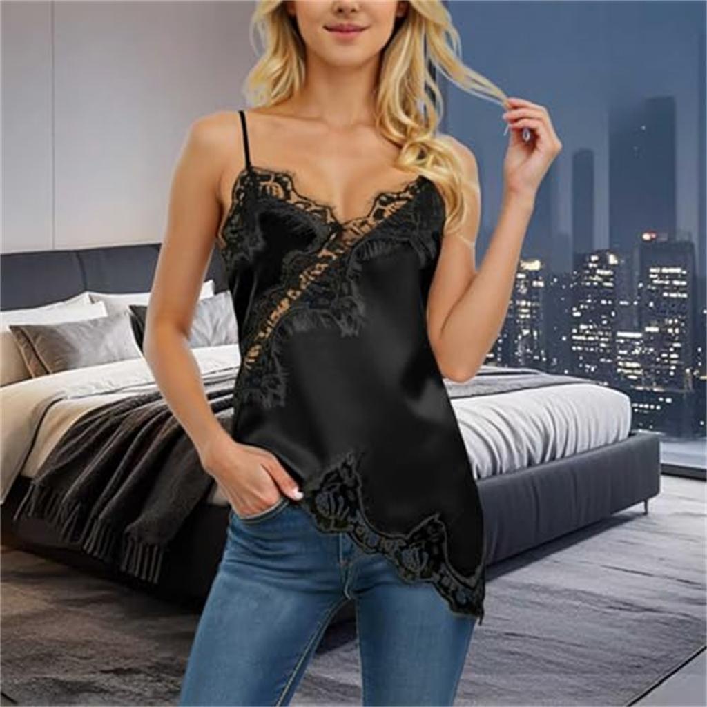Dam Satin Lös Passform Justerbar Spagettistropp V-ringning Mode Spetskant Camisole Kort Cami Topp