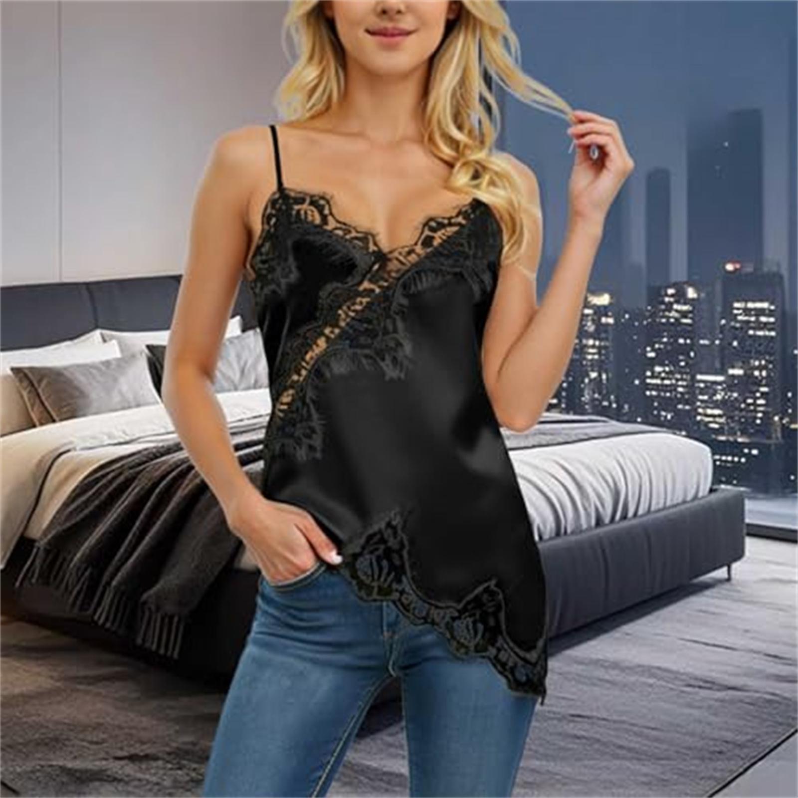 Women s Satin Loose Fit Adjustable Spaghetti Strap V-Neck Fashion Lace Trim Camisole Crop Cami Top M чёрный