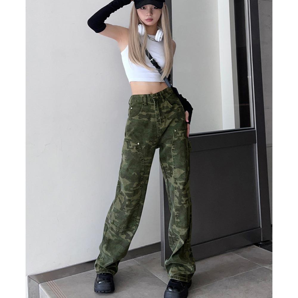 

Camouflage overalls spring high street loose autumn new high waist narrow version wide leg thin mopping jeans 2XL камуфляжний