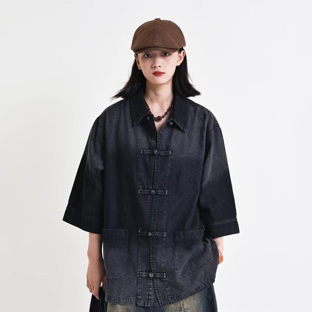 Short Sleeved Shirt Men'S Summer Japanese Retro Loose Casual Five Quarter Sleeved Shirt Trendy Brand Shirt Jacket