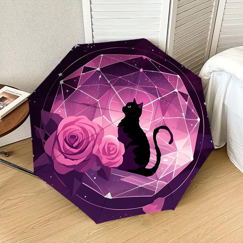 

1pc Cat Roses Automatic Folding Umbrella 8 Rib Iron Frame, Compact Portable Umbrella Suitable for Travel, Daily Use, Birthday, Women & Men Gift 026