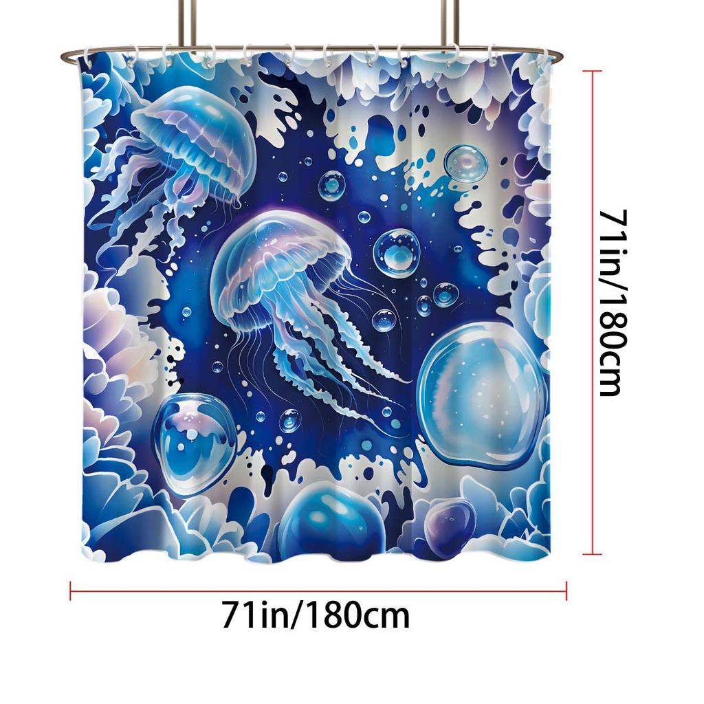 1Pc Blue Jellyfish Print Waterproof Shower Curtain Bathe Partition With 12 Hooks For Privacy Protection Easy Installation