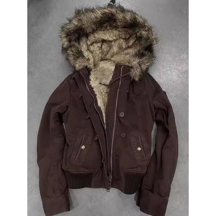 Giacca Foderata in Pelliccia Y2K Cappotto con Cappuccio Vintage da Donna con Bordi in Pelliccia Sintetica e Polsini a Coste Giacca Corta Casual