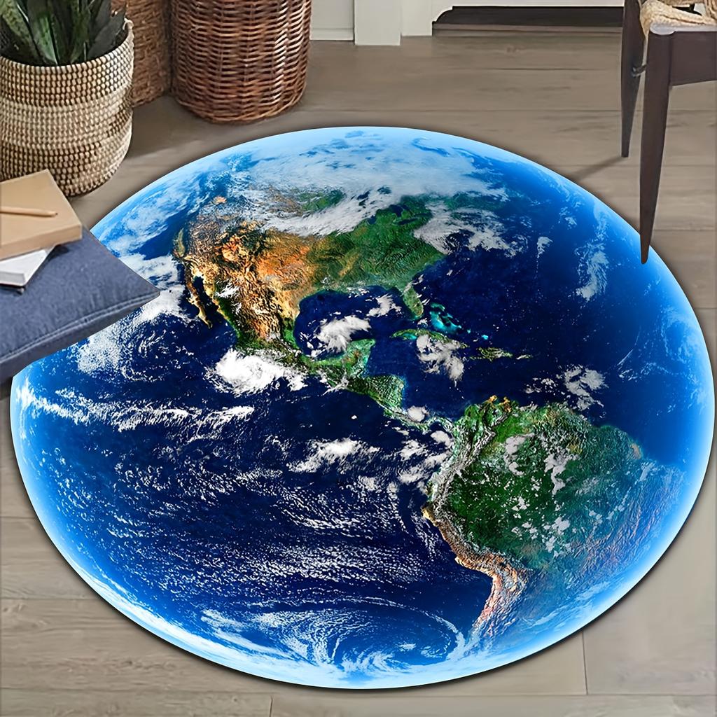 Flannel Printed Round Rug With Earth Globe Design For Home Decor Soft Floor Mat Planet Art Theme Modern Interior