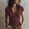 Women's Short Sleeve Zip Neck Polo Shirt Solid Burgundy Casual Top