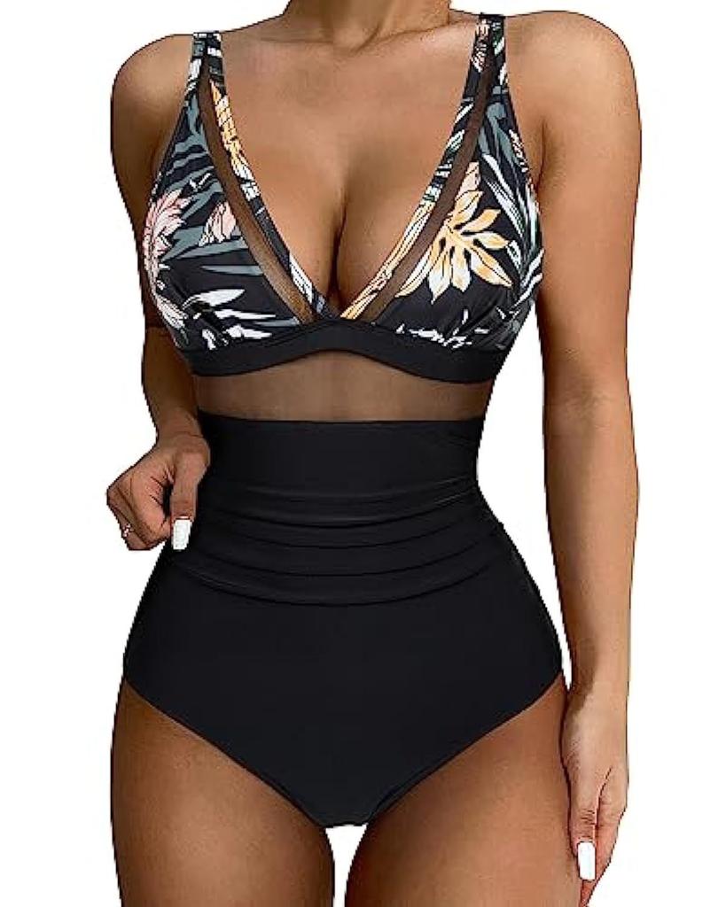 One-piece Swimsuit Sexy Hollow Mesh Deep V Gathering Perspective Bikini Swimsuit