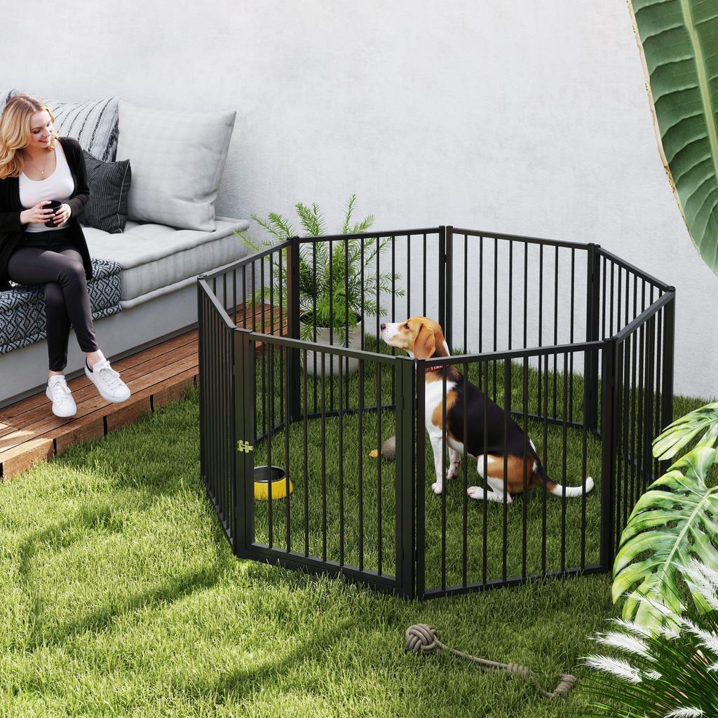 Puppy Playpen, Dog Playpen, Puppy Enclosure, 8 Panels with Door, Foldable and Portable Dog Fence, Steel, Black