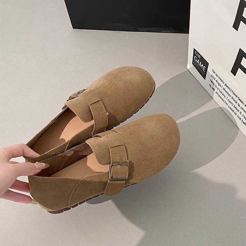 Birkenstock Shoes Women's 2025 New Winter Velvet All-inclusive Leather Spring and Autumn Single Shoes Flat-bottomed One-pedal Doudou Shoes Cotton Sho