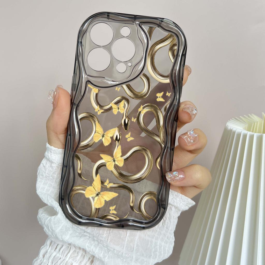 LZ5 Butterfly Černo-zlatý Hadí Průhledný Měkký Vlnitý Pouzdro na Telefon pro iPhone 15 13 Pro Max 12 Mini 14 8 Plus XS Max XR 6 Ochranný Zadní Kryt