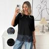Summer Lace Splicing Loose Women's T-shirt New Round Neck Fashion Blouse Solid Color Tees Short Sleeve Elegant Office Long Tops Female Basic Clothing