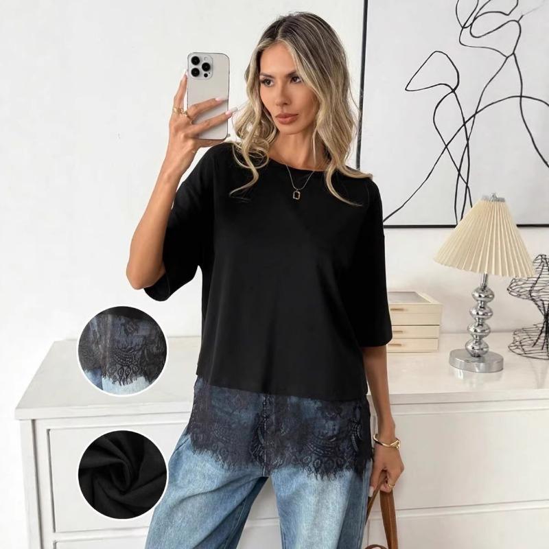 Summer Lace Splicing Loose Women's T-shirt New Round Neck Fashion Blouse Solid Color Tees Short Sleeve Elegant Office Long Tops Female Basic Clothing