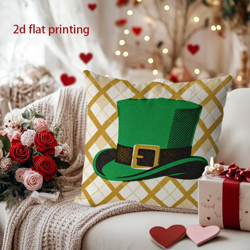 St. Patrick's Day Green Top Hat Patterned Pillow Cover Pattern Cushion Cover Suitable for Sofa Bedroom Car Pillow Cover