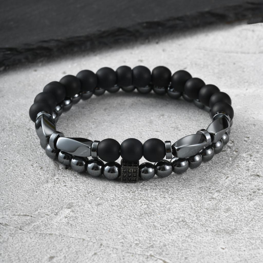 Vnox 2 Stück/Set Mattschwarzes Onyx-Hämatit-Perlenarmband-Set Natürlicher Stein Stretch-Armbänder Modeschmuck Geschenke für Männer Frauen