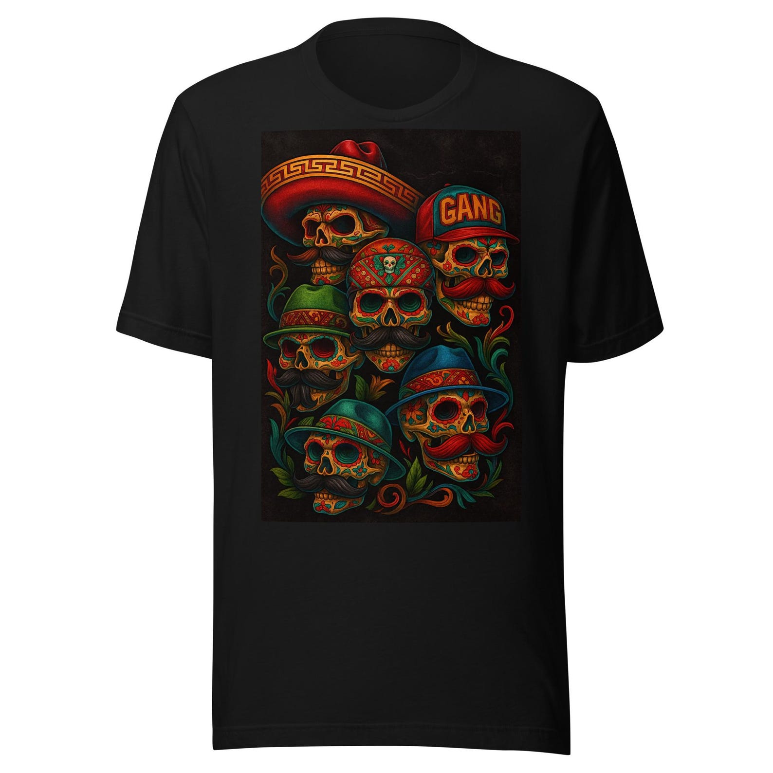 Mexican Sugar Skull Crew Art – Colorful Calaveras with Hats & Mustaches Unisex t-shirt 3XL