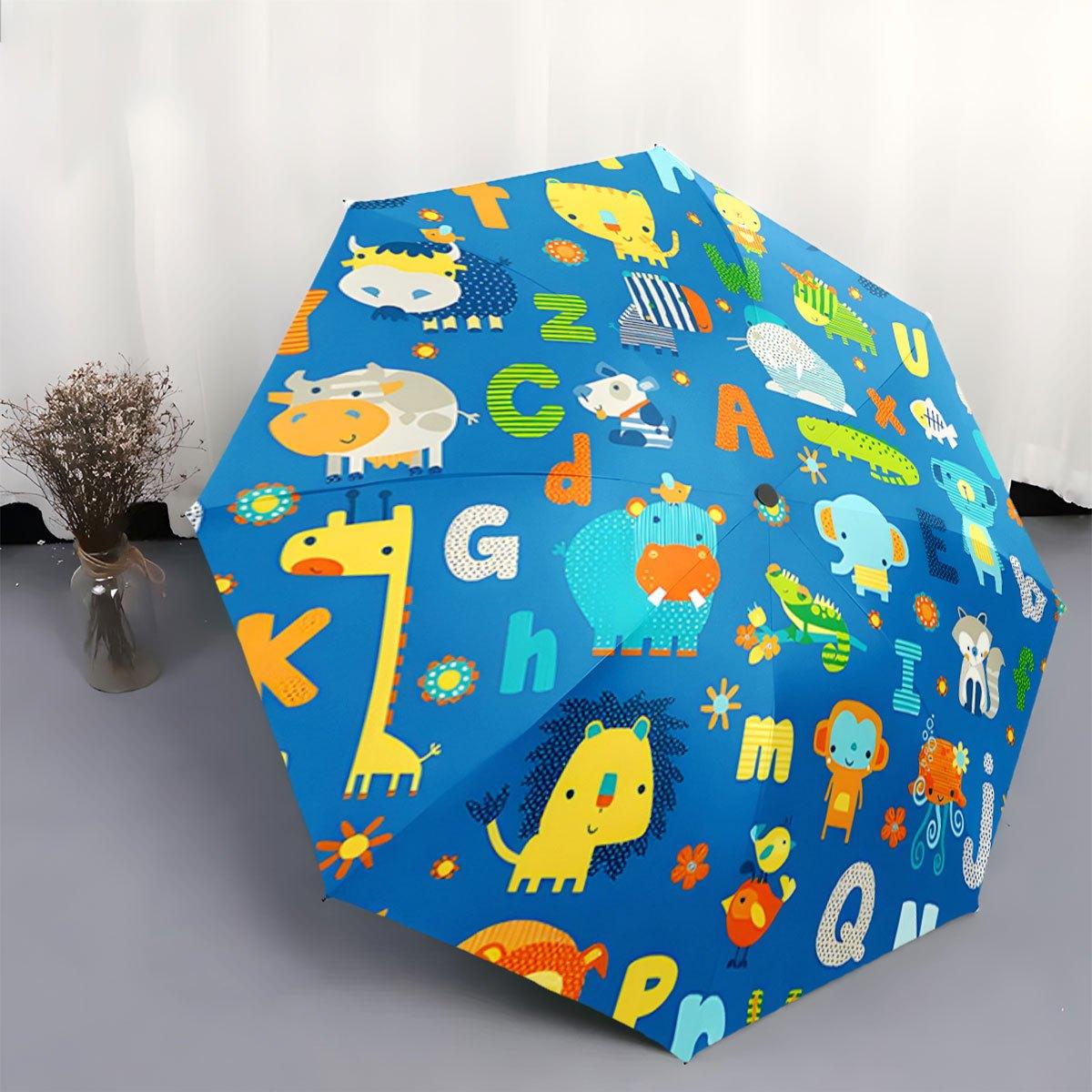 

Automatic Folding Umbrella Colorful animals and alphabet letters on a blue background. Portable collapsible design, casual out Iron&8K