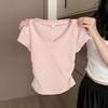 Cotton Blue Shoulder Short Sleeved T-shirt for Women In Summer, Slim Fit and Stylish, Pleated Waist Cinching Short T-shirt Top
