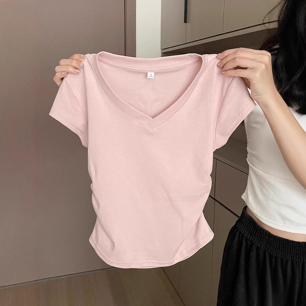 Cotton Blue Shoulder Short Sleeved T-shirt for Women In Summer, Slim Fit and Stylish, Pleated Waist Cinching Short T-shirt Top