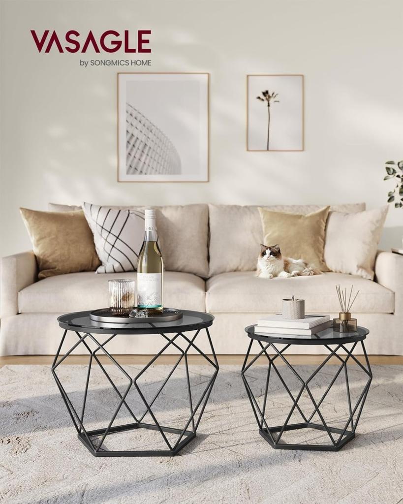 Round coffee tables, set of 2 side tables, modern style, removable top, steel frame, for living room, slate gray and a