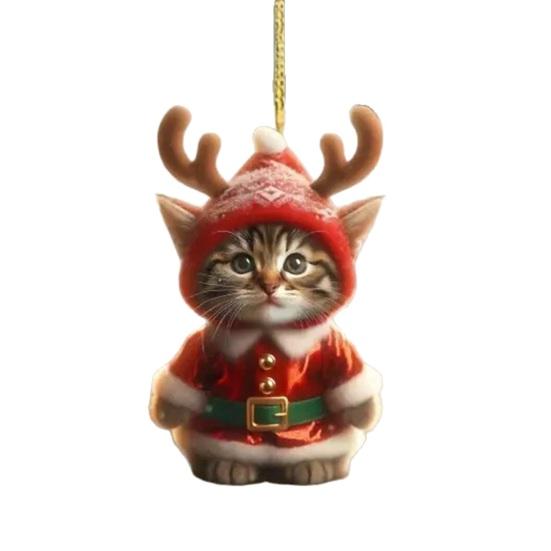 Christmas Car Rearview Mirror Accessories Santa Cat Ornament, Acrylic Hanging Decor with Kitten Pendants Reindeer Antlers, 2D Cute Bag Charm