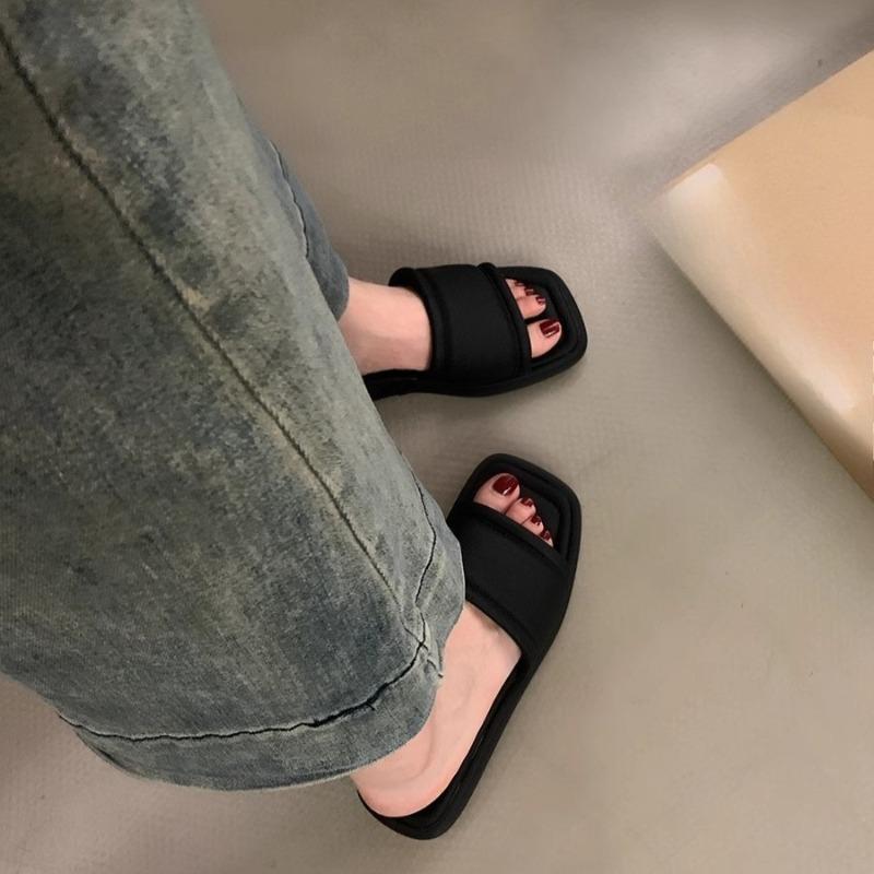 Fashion Fashion Platform Flat Slippers for Women in Summer New Square Toe Open Toe Soft Sole Non-slip Wear-resistant Flat Shoes