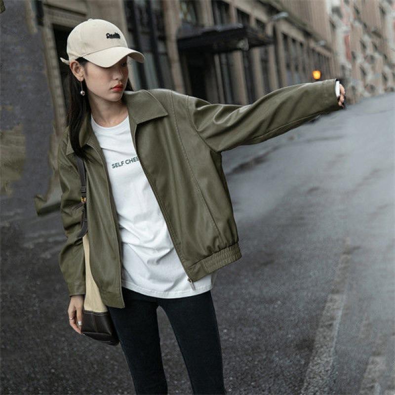 Trendy and Popular Retro Leather Jacket Spring Autumn and Winter Coat Women's Versatile Foreign Style Advanced Sense Harajuku Lazy Wind Oversize
