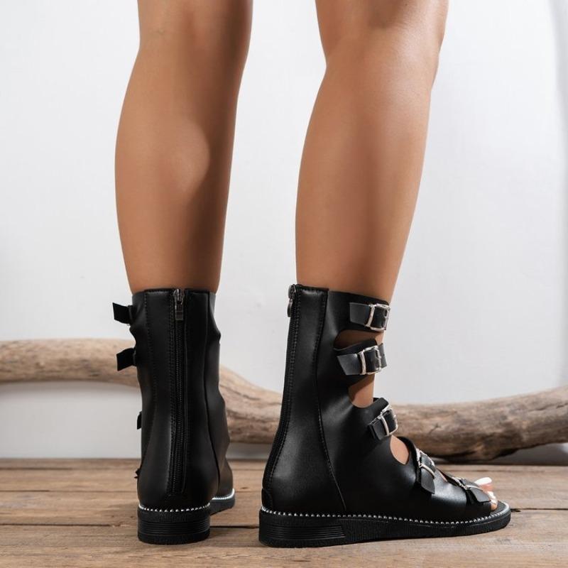 Mode Grandes Tailles Chaussures pour Femmes Été Nouveau Bout Rond Boucle de Ceinture Chaussures Romaines Fermeture Éclair Arrière Sandales Plates Femmes