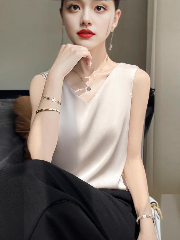 Reversible Satin Camisole for Women - V-Neck Front, Round Neck Back, Solid Color, Perfect Silk Vest to Pair with Suits