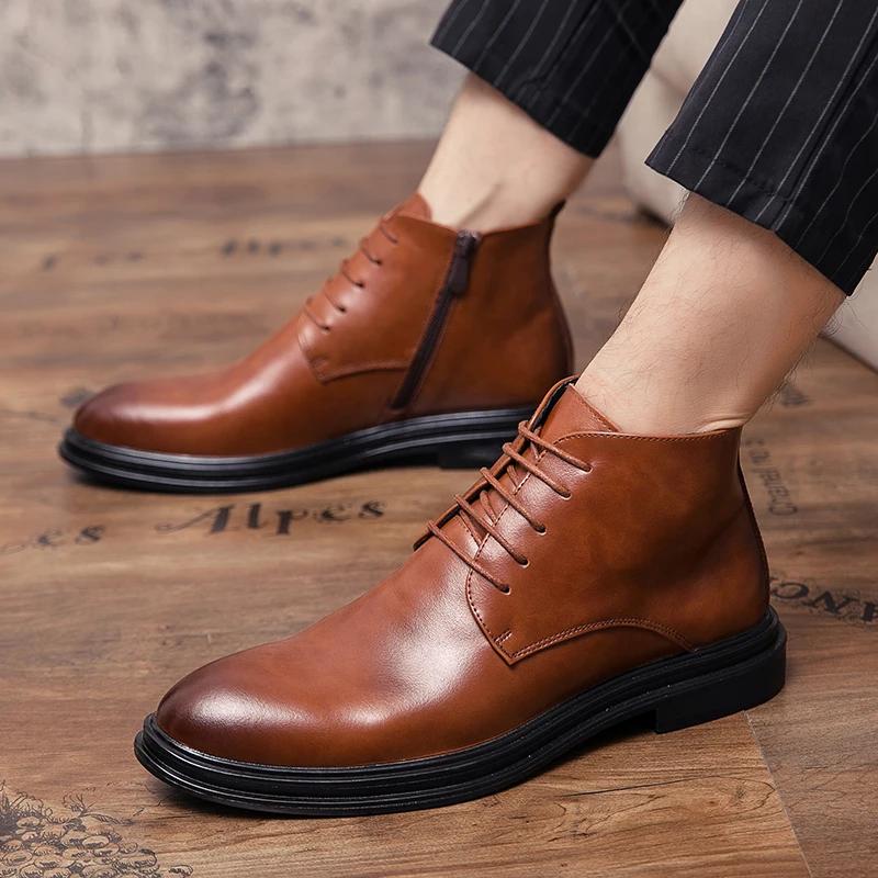 Bequeme Herrenschuhe aus Leder, Chelsea-Boots, Luxus s, lässige Business-Schuhe, High-Top Herrenstiefel mit spitzer Zehenpartie