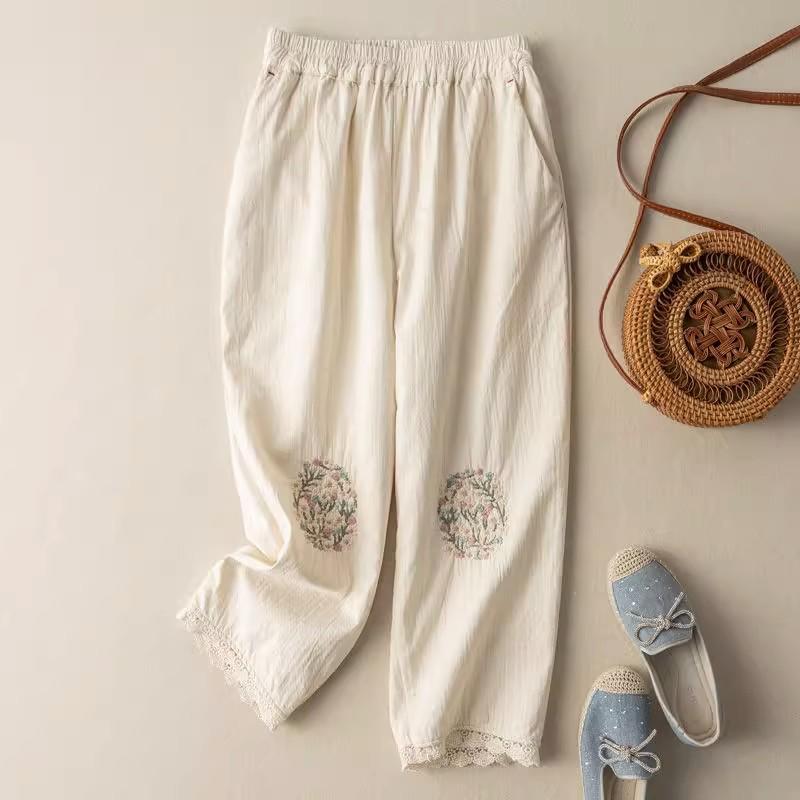 Women's Ethnic Embroidered Lace Trim Cotton Linen Harem Pants - Early Spring Loose Fit, Elastic Waist