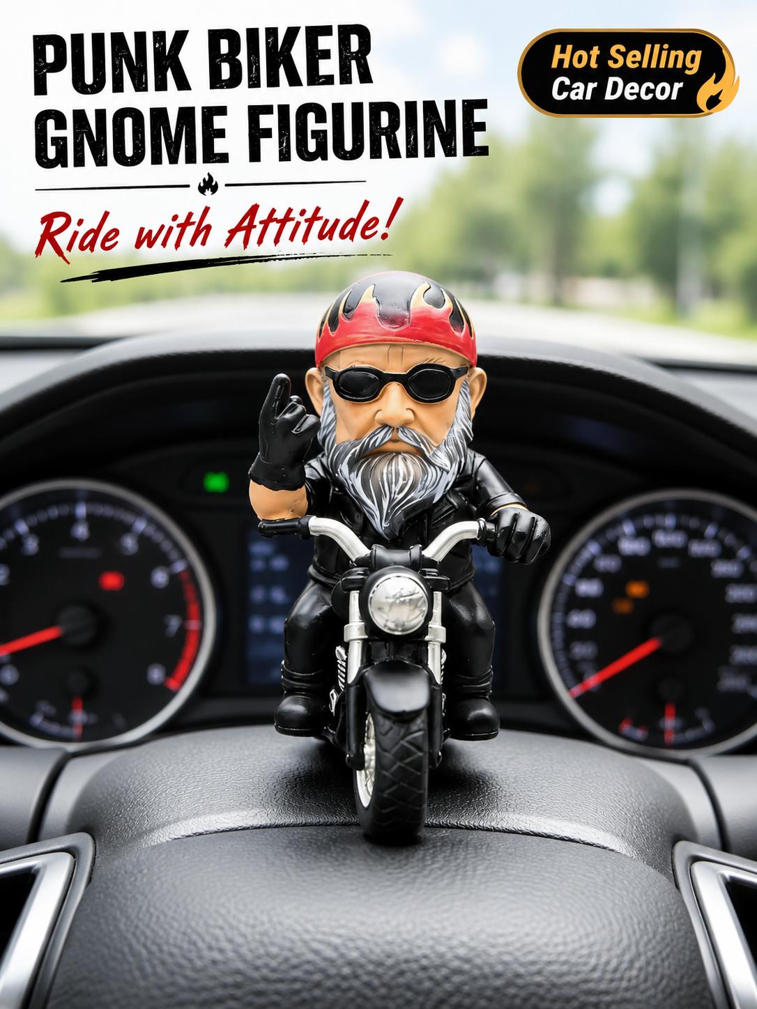 Punk Biker Gnome Figurine - Motorcycle Dashboard Ornament, Funny Middle Finger Resin Decor, Cool Car Accessory Gift