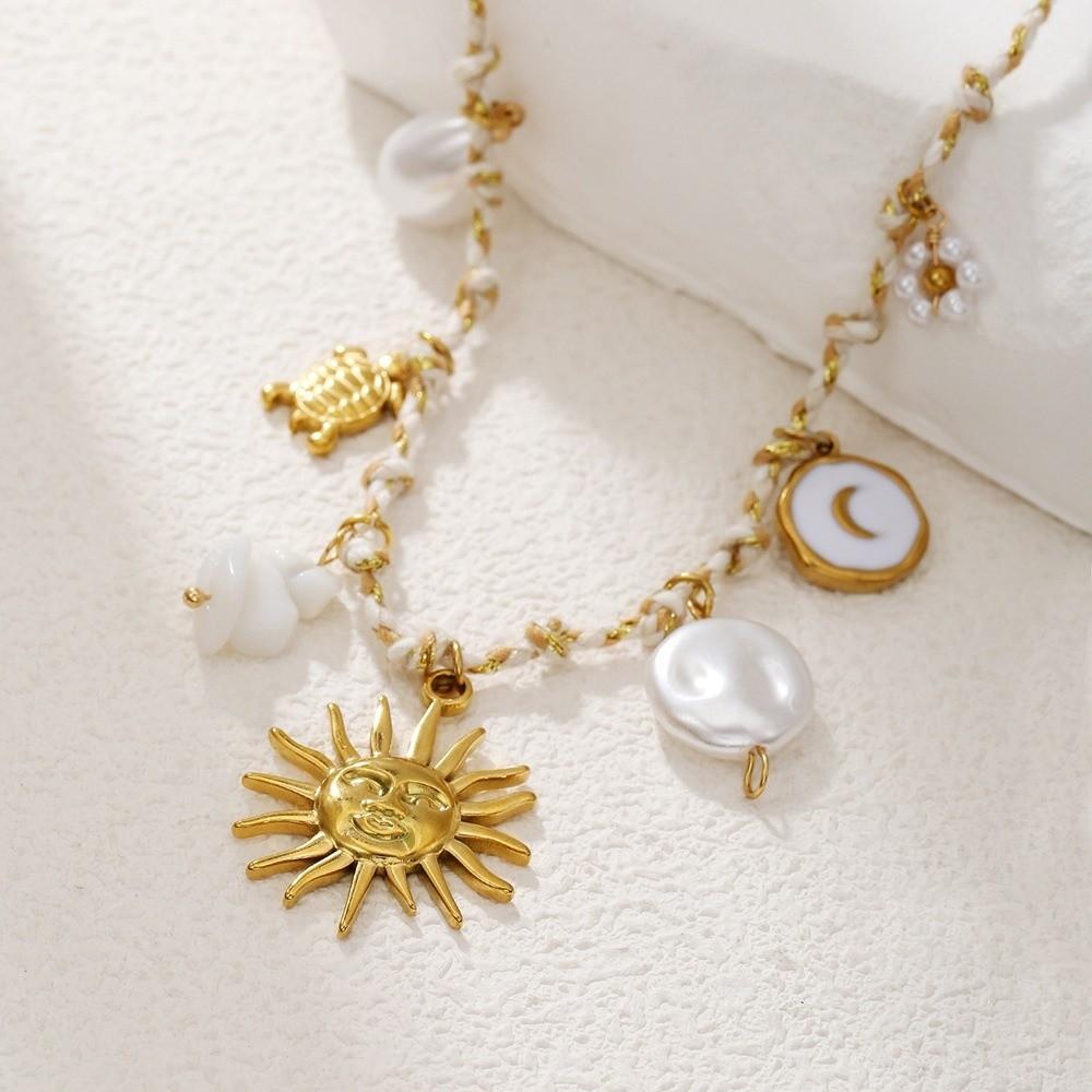 Movable Woven Rope Collarbone Chain Ocean Style Mini Metal Sun Necklace  Kids