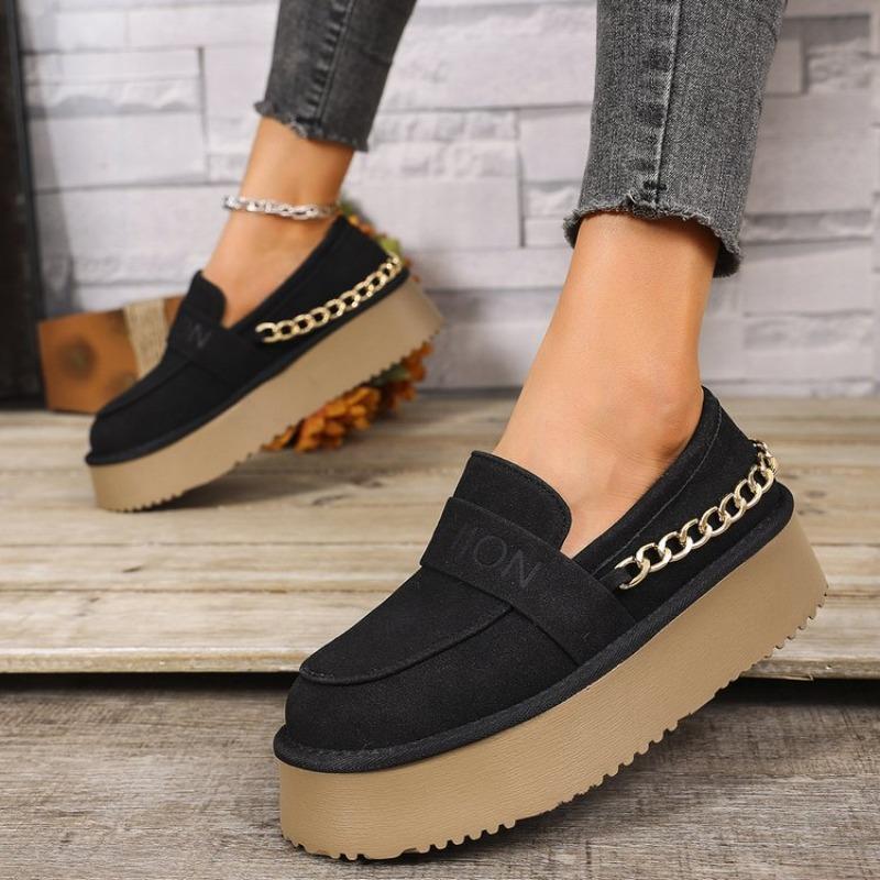 Fashion Spring New Flat Shoes Women's Fashion Round Head Deep Mouth Suede Metal Chain Thick Sole Non-slip Single Shoes