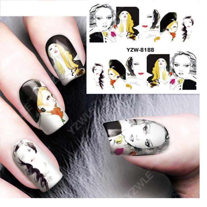 1 Sheet Fashion Women Design Water Transfer Nail Sticker Decal Nail Decorations Painting Portrait Flowers