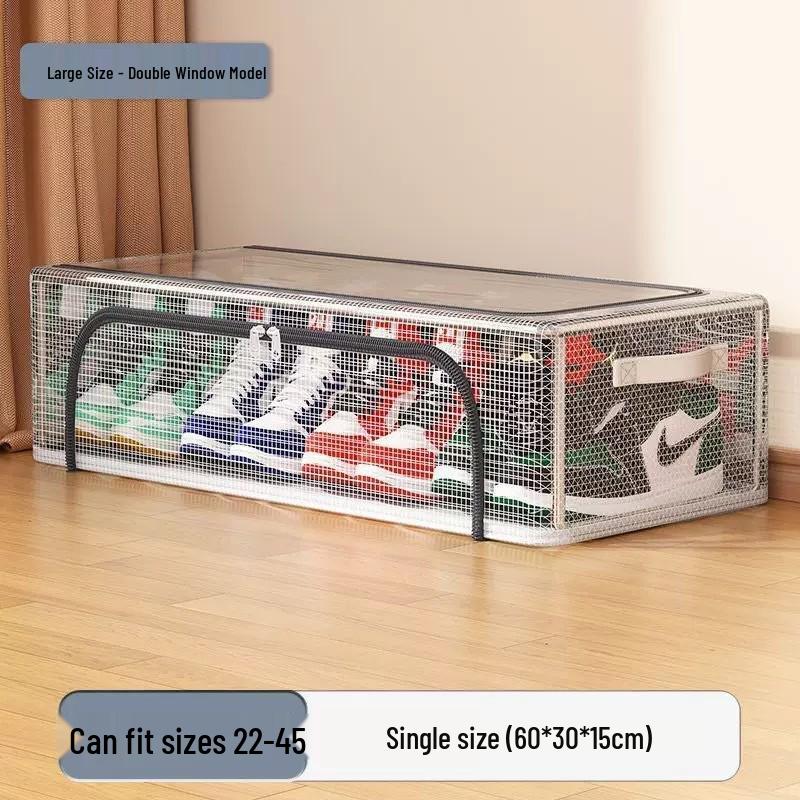 Transparent Folding Shoe Storage Box with Steel Frame and Under-Bed Design