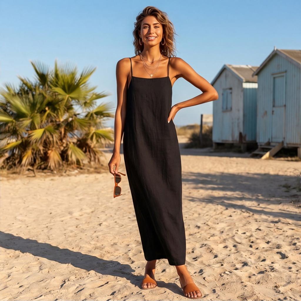 Women’s Sleeveless Maxi Dress with Square Neck and Adjustable Spaghetti Straps Casual Loose Fit Long Sundress for Summer