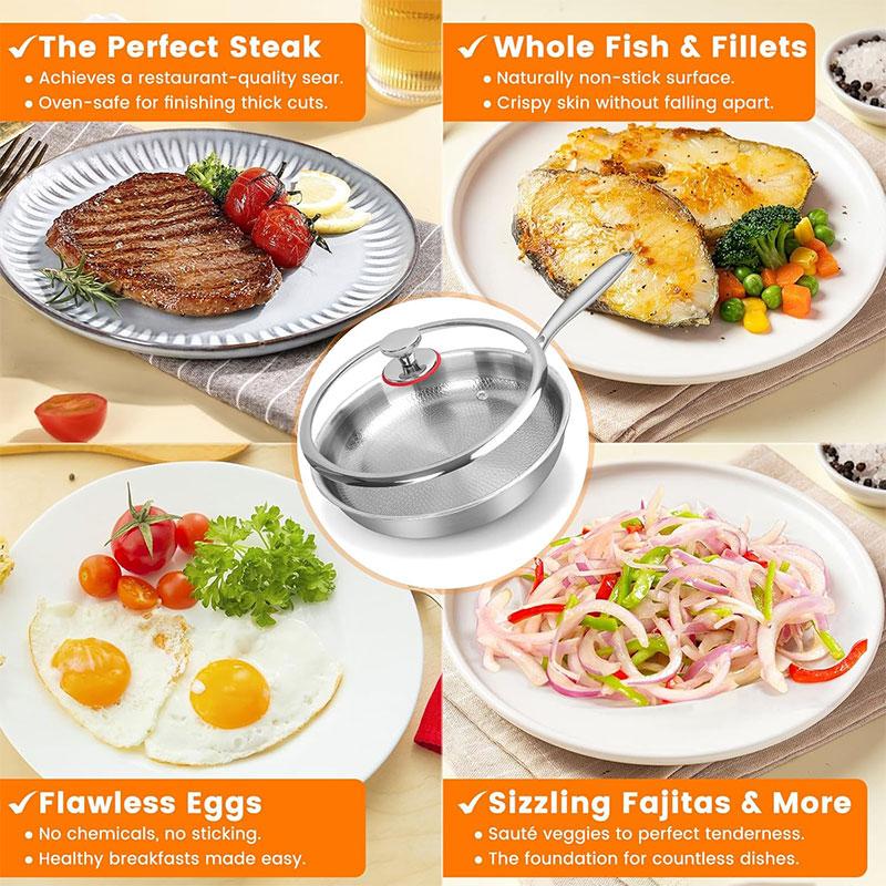 3-layer Stainless Steel Hammered Frying Pan Pro with Lid Professional Chef's Pan with Ergonomic Handles Suitable for All Stove