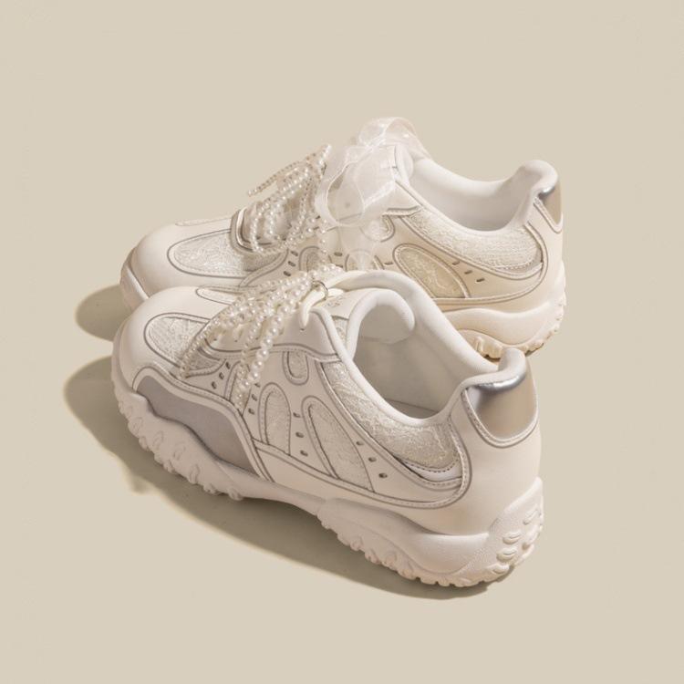 Cowhide version~ 7 cm height increase crescent lace pearl training shoes women's spring casual platform Forrest Gump sports shoes