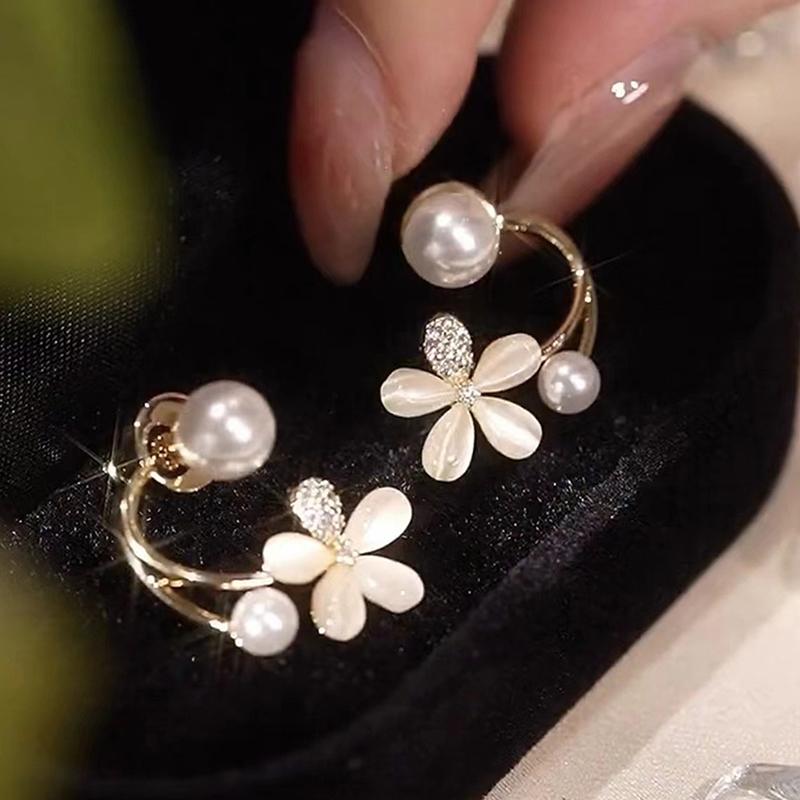 Vintage Black Zircon Flower Pearl Stud Earrings For Women Korean Elegant Personality Earrings Wedding Party Jewelry Gift Mujer