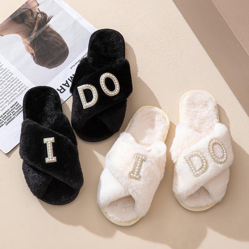 IDO Women's Furry Pearl Wedding Bachelorette Plush Slippers