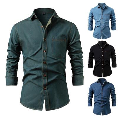 Erkek Ütü İstemeyen Düz Renk Uzun Kollu Pamuklu Denim Gömlek