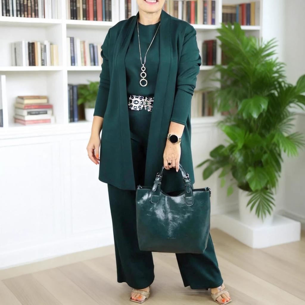Spring and Autumn European and American Women's Clothing Solid Color Crew Neck Long Sleeve Long Pants Medium and Long Jacket Three-piece Set