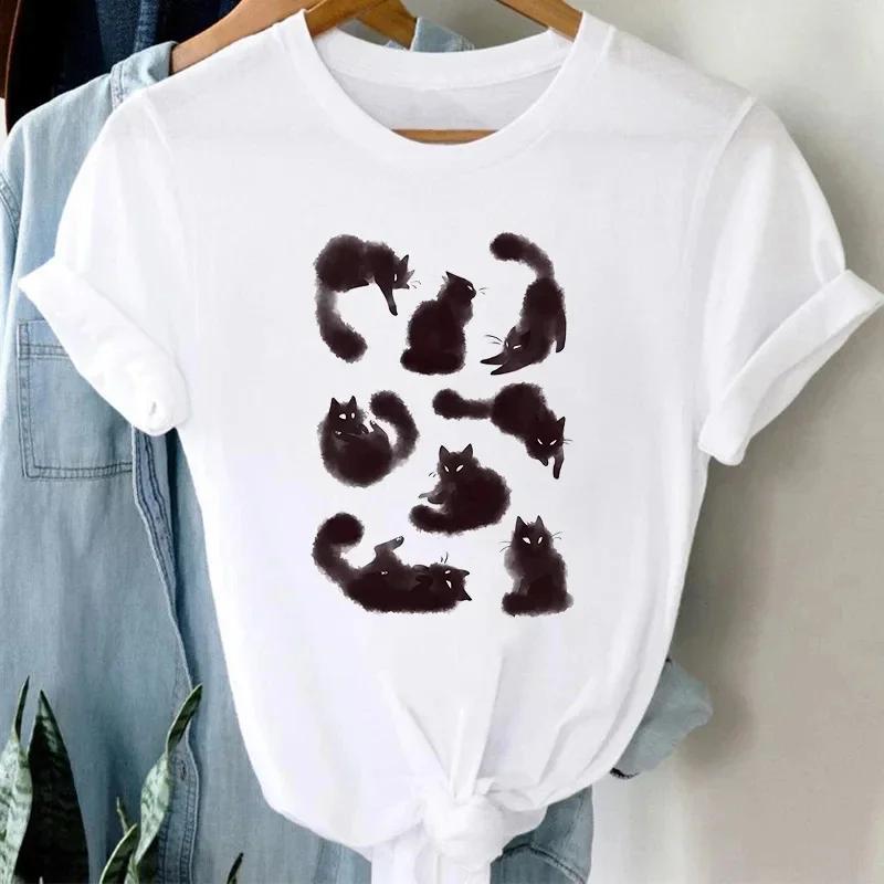 Summer Cute Cat Pattern Printed T-shirt with Breathable Micro Elastic Fashion Short Sleeved White Minimalist Versatile Top