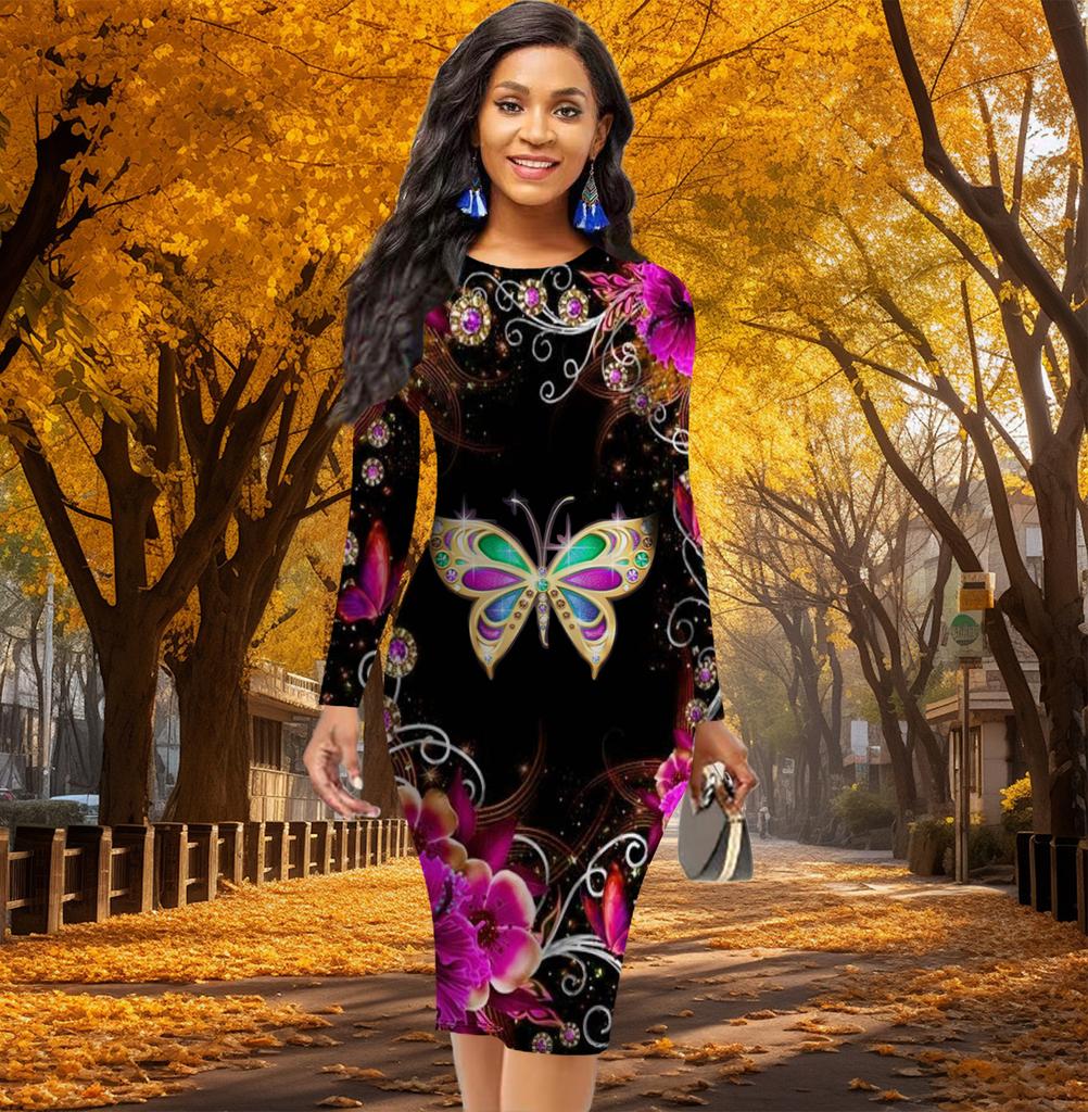 Elegante bodycon jurk met lange mouwen, taille-tight, kantoor slim fit, levendige vlinderprint