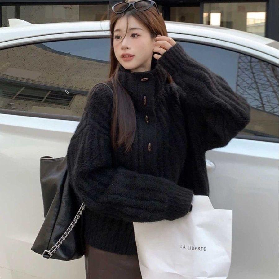 

Черный короткий свитер с высоким воротником на тумблерах для женщин, осенне-зимний, толстый, в ленивом стиле, теплый, вязаный топ в рубчик с отворотом XL чёрный