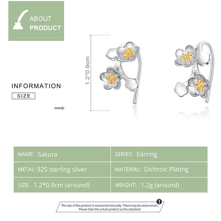 Bamoer Sakura Floral Branch Tiny Earrings Sterling Silver 925 Vivid 3D Flower Fine Bijoux Orecchini
