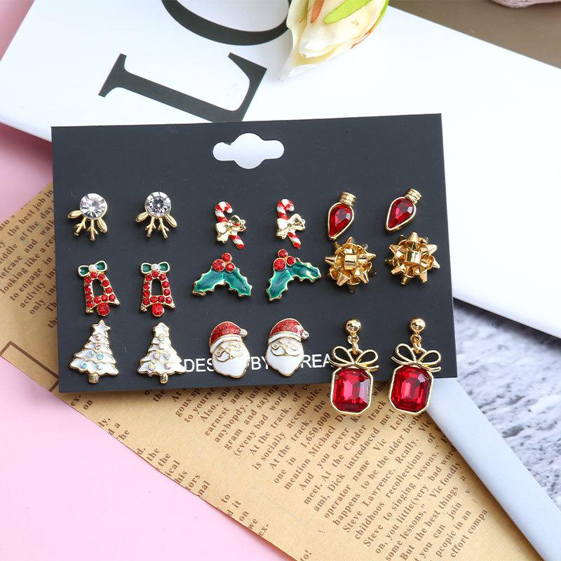 Christmas Tree Snowman Earrings Set for Women Cute Candy Cane Santa Elk Stud Earrings Friendship New Year Jewelry Gifts