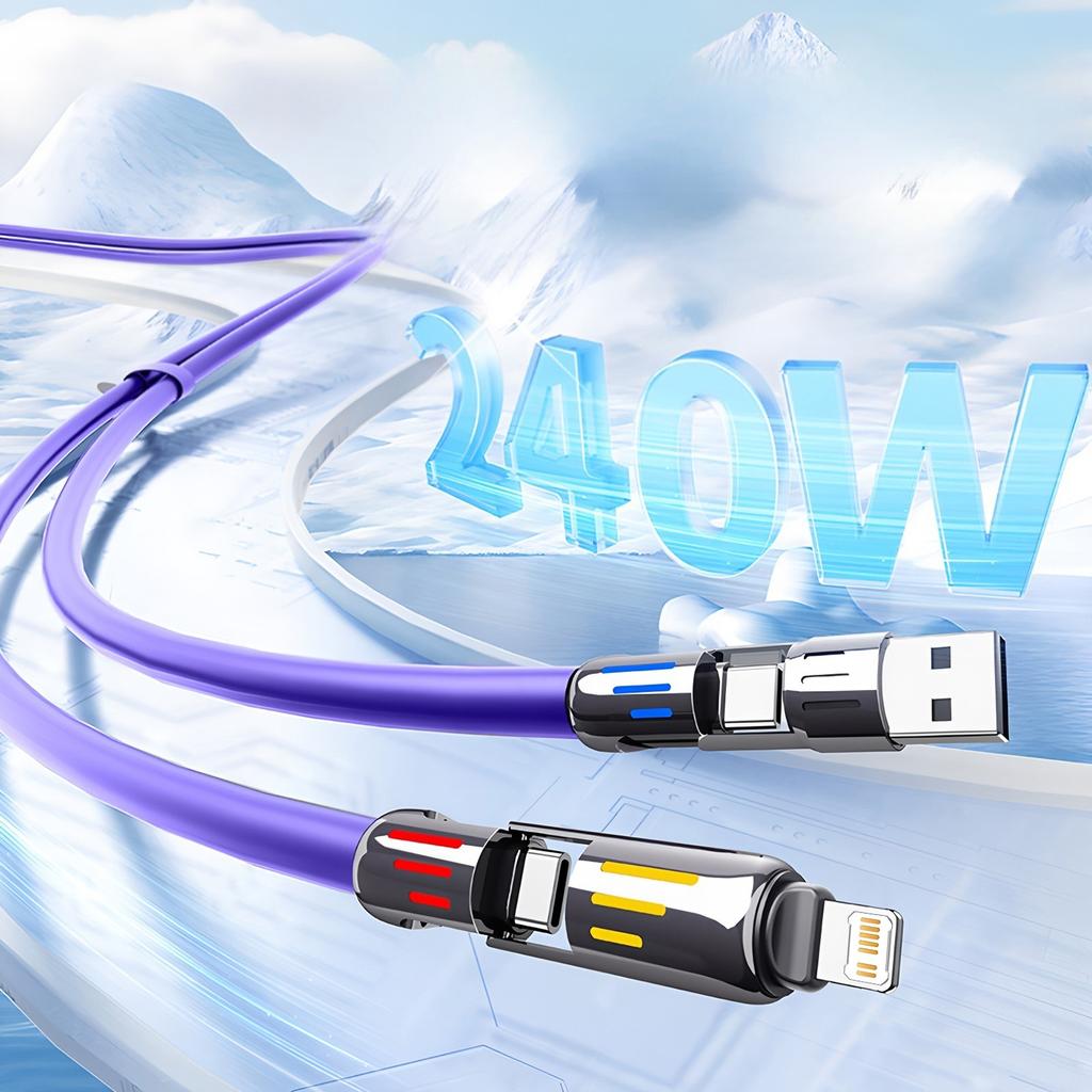 4 in 1 Functional 240W Super Fast Charge USB Type C Liquid Silicone Aluminum Alloy Data Cable For iPhone Huawei Samsung Xiaomi