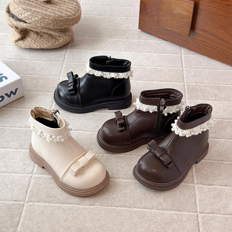 Britischer Stil Mädchen Fleecegefüttert Schleife Perlen Spitze Martin Knöchelboots